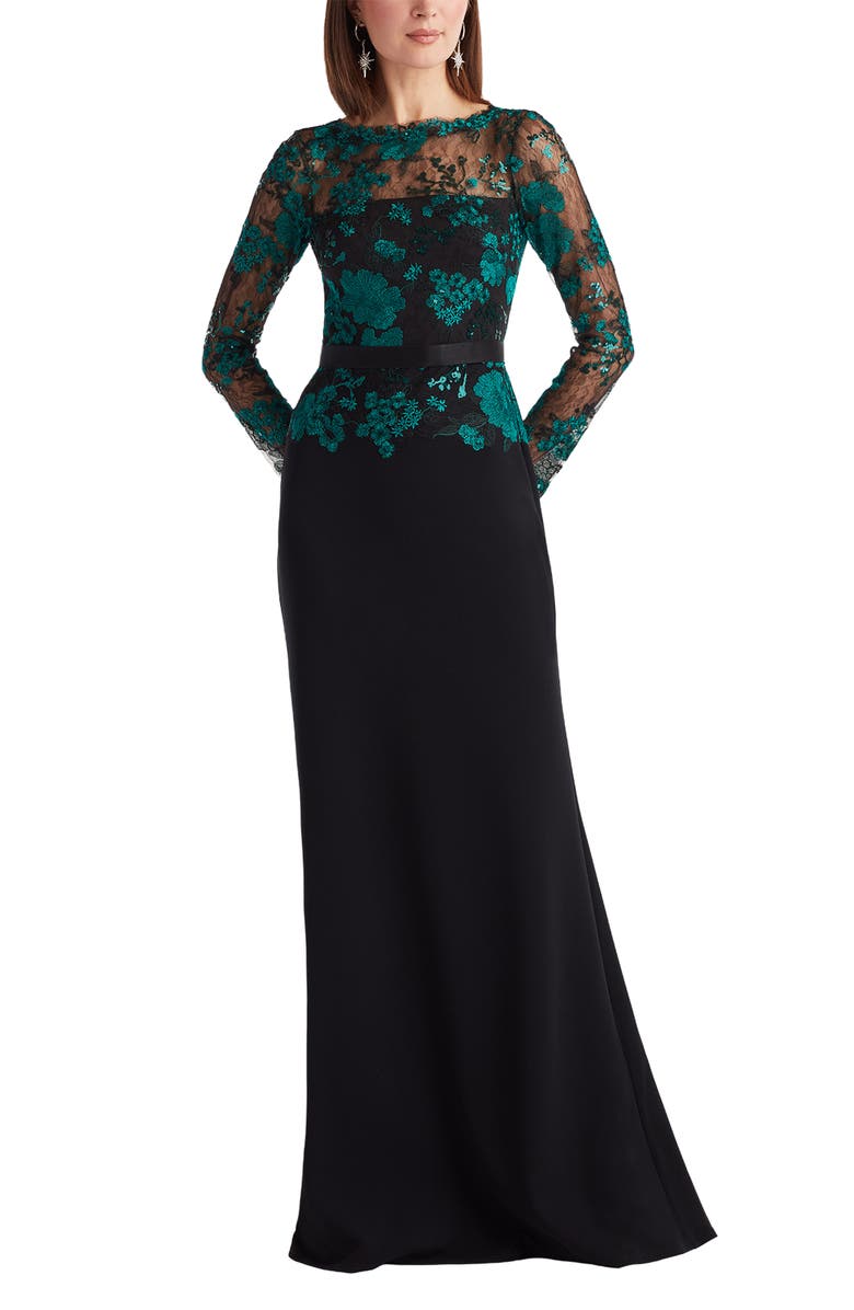 Tadashi Shoji Floral Lace Embroidery Long Sleeve Gown, Alternate, color, Emerald/ Black