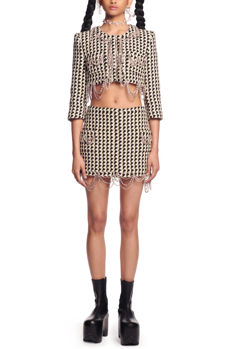Draped Chain Virgin Wool Blend Miniskirt, Alternate, color, BLACK/ CREAM