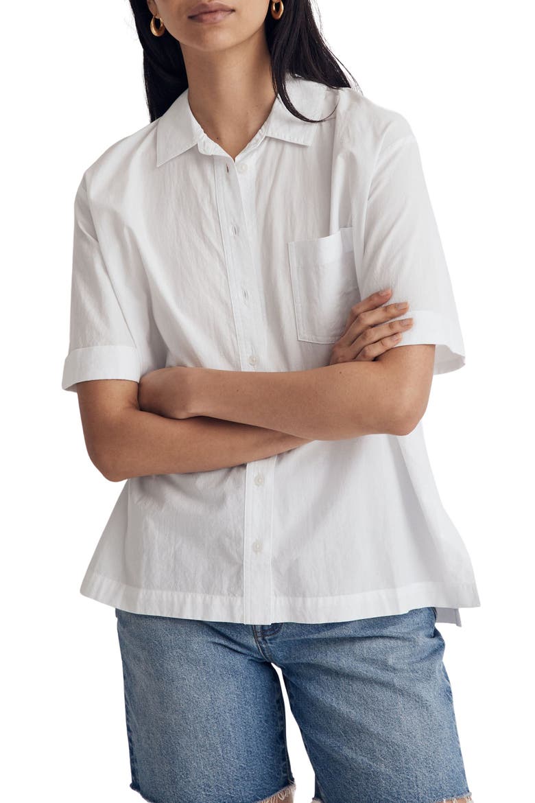 Short Sleeve Signature Cotton Poplin Button-Up Shirt, Main, color, EYELET WHITE