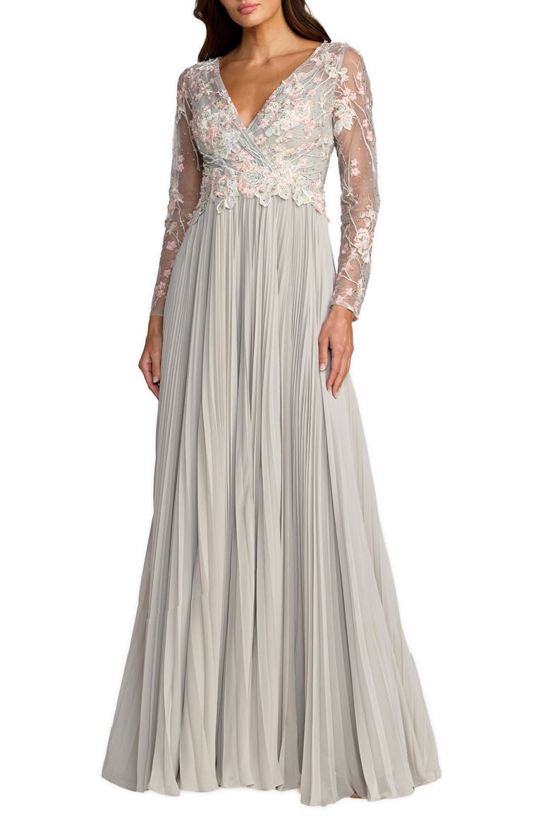 Women's Embroidered Long Sleeve V Neck Pleated Gown, Main, color, Platinum Multi