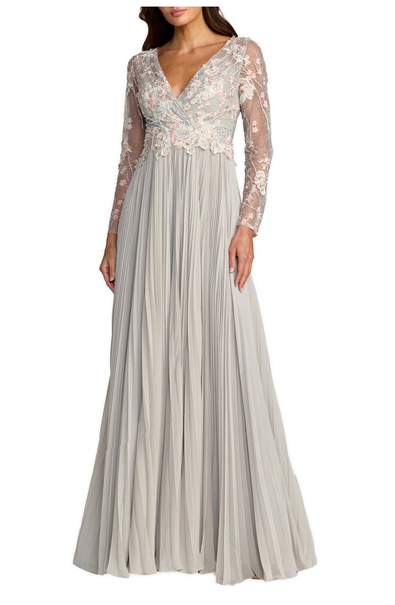 Mac Duggal Women's Embroidered Long Sleeve V Neck Pleated Gown, Main, color,