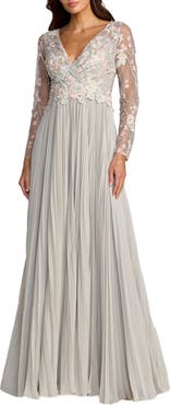 Mac Duggal Women's Embroidered Long Sleeve V Neck Pleated Gown