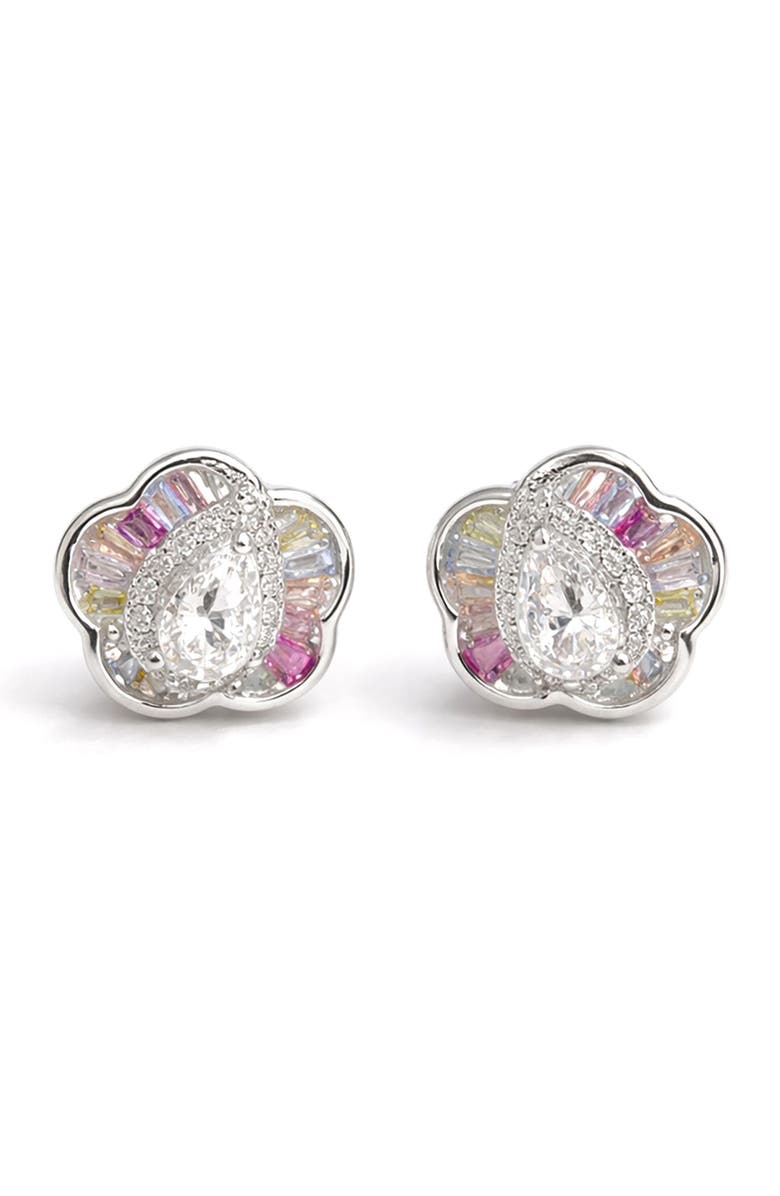 BEST SILVER Floral Cubic Zirconia Stud Earrings, Main, color,