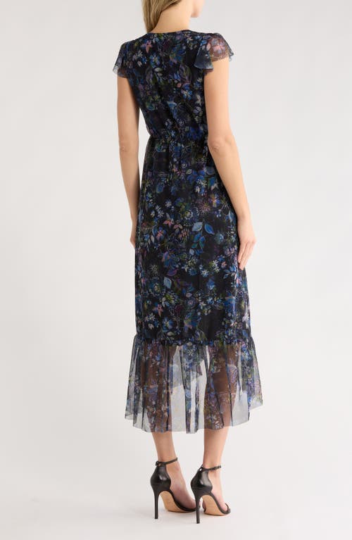 Lovestitch Floral Cap Sleeve Empire Waist High-low Midi Dress In Black