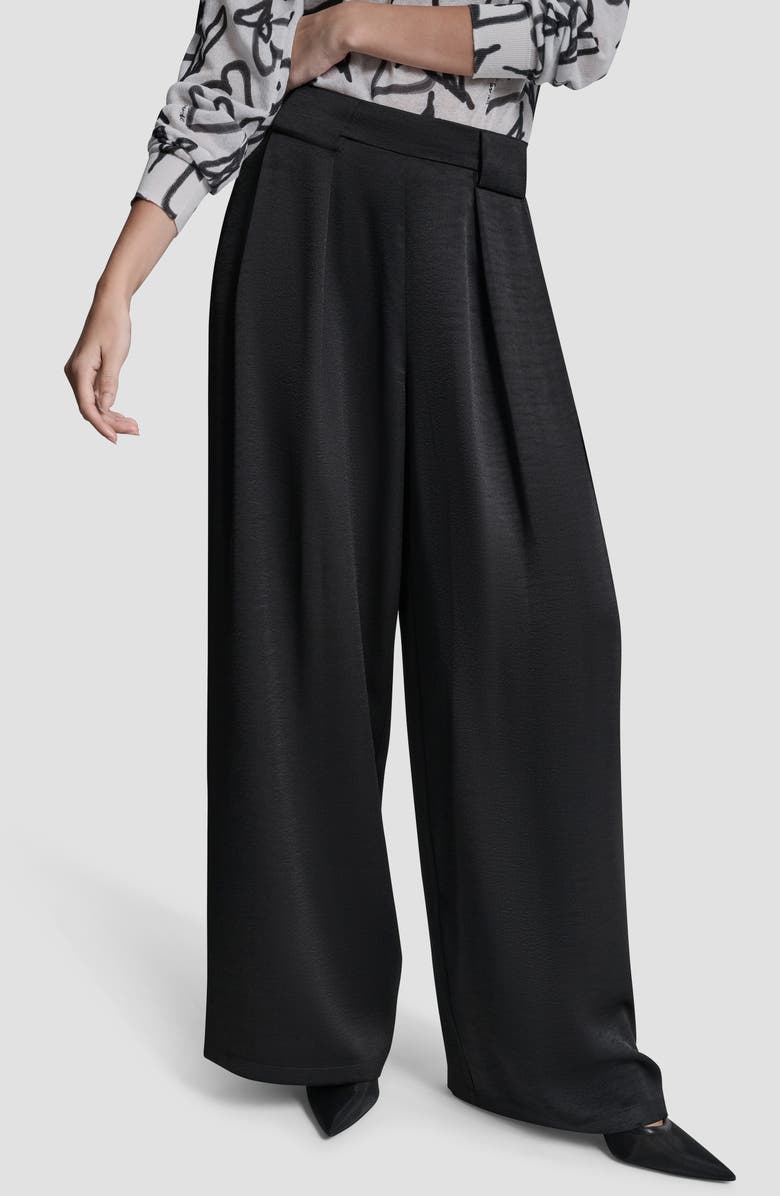 DKNY Pleat Wide Leg Satin Pants, Main, color, Black