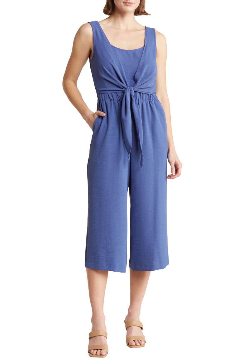 Sleeveless Tie Front Capri Crop Jumpsuit, Main, color, DEMIN
