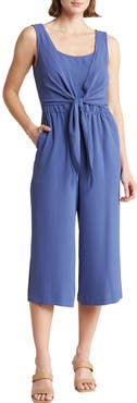 Connected Apparel Sleeveless Tie Front Capri Crop Jumpsuit