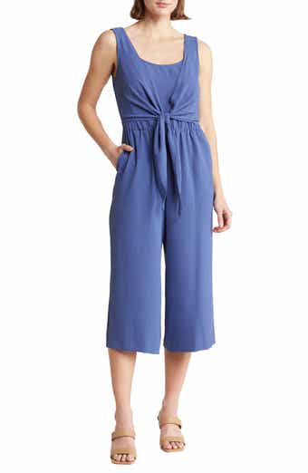 Connected Apparel Sleeveless Tie Front Capri Crop Jumpsuit