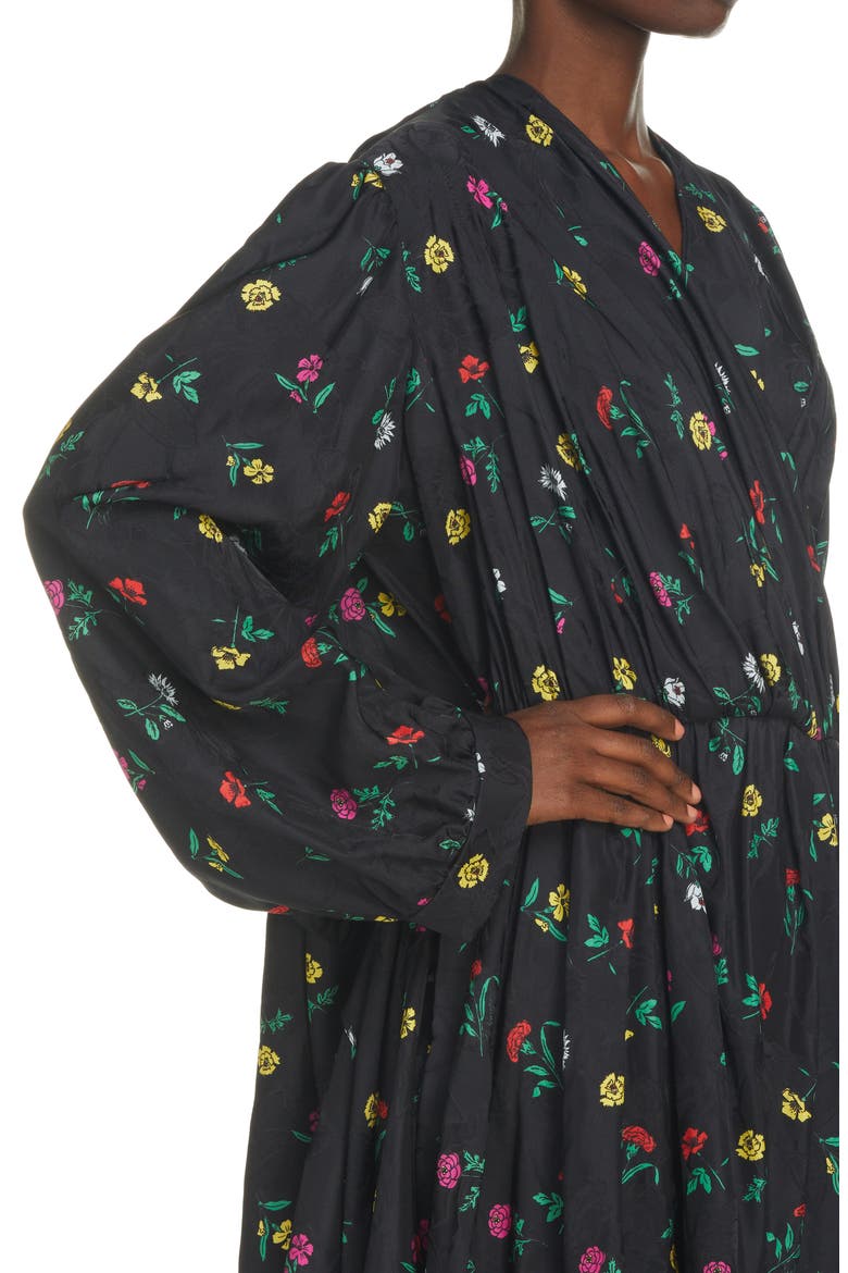 Jacquard Floral Print Long Sleeve Wrap Babydoll Dress, Alternate, color, BLACK