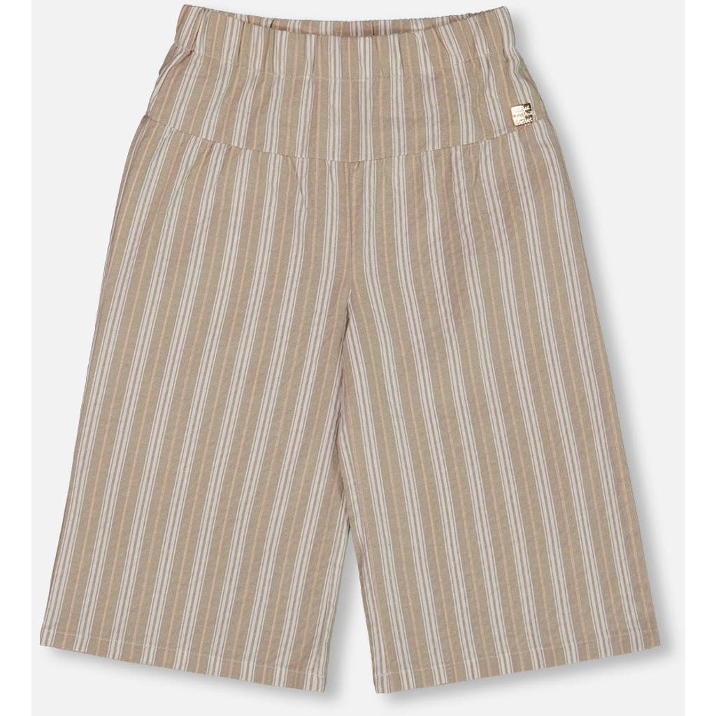 Deux Par Deux Little Girl's Wide Leg Capri Linen Pant White And Sage Striped In White And Sage Striped