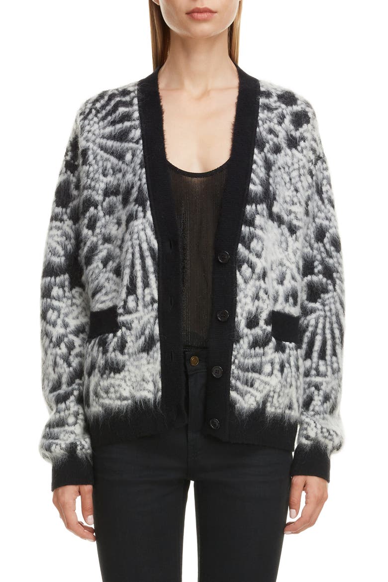 Floral Jacquard Wool & Mohair Blend Cardigan, Main, color, NOIR/NATUREL