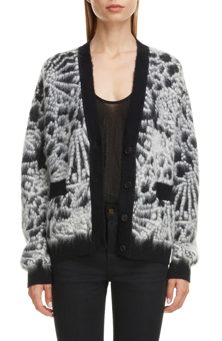 Saint Laurent Floral Jacquard Wool & Mohair Blend Cardigan, Main, color, 