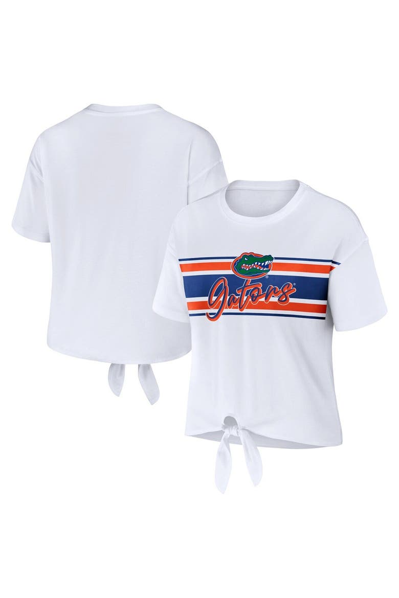 Women's WEAR by Erin Andrews White Florida Gators Striped Front Knot Cropped T-Shirt, Main, color, White