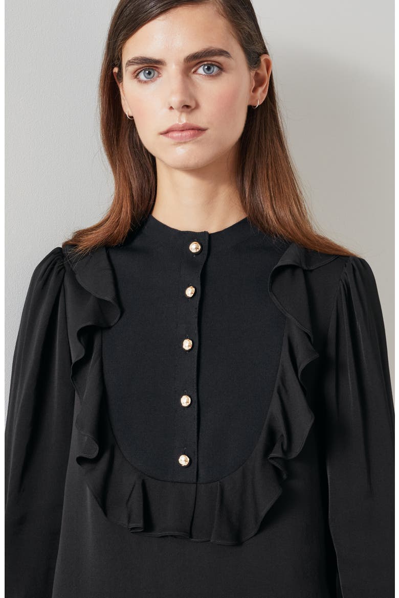 Daisy Ruffle Detail Long Sleeve Crepe Shift Dress, Alternate, color, BLACK