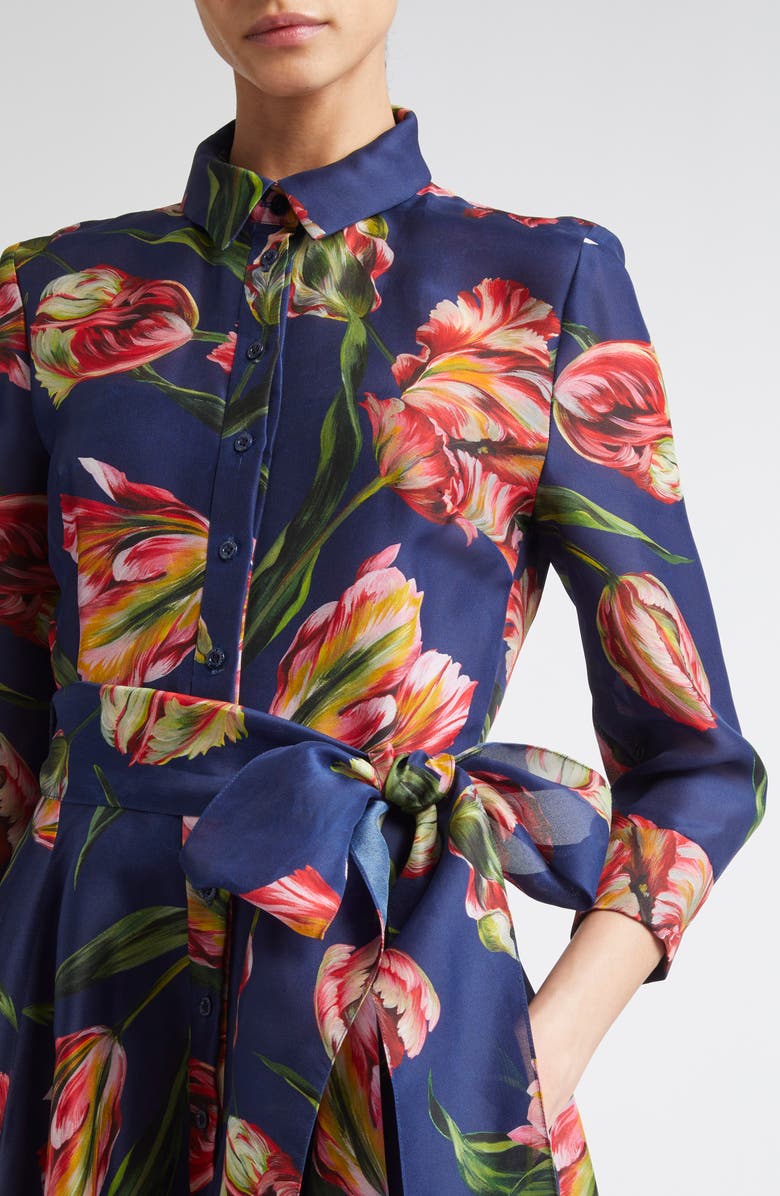 Carolina Herrera Tulip Print Silk Gazar Trench Gown, Alternate, color, Dark Navy Multi