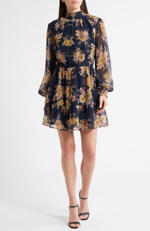 Water Lily Floral Mock Neck Long Sleeve Dress