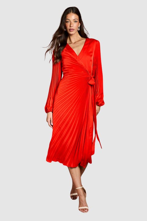 Satin Long Sleeve V-Neck Wrap Dress