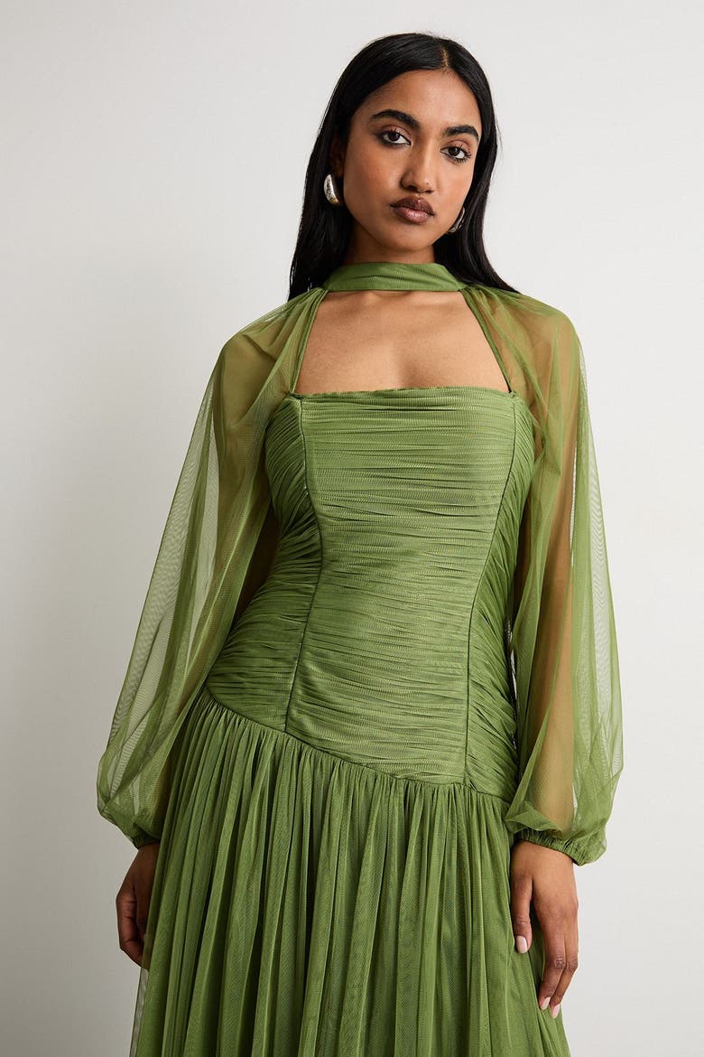 Bow Detail Gathered Tulle Maxi Dress, Alternate, color, Green
