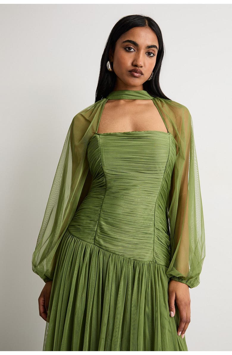 Warehouse Bow Detail Gathered Tulle Maxi Dress, Alternate, color, Green