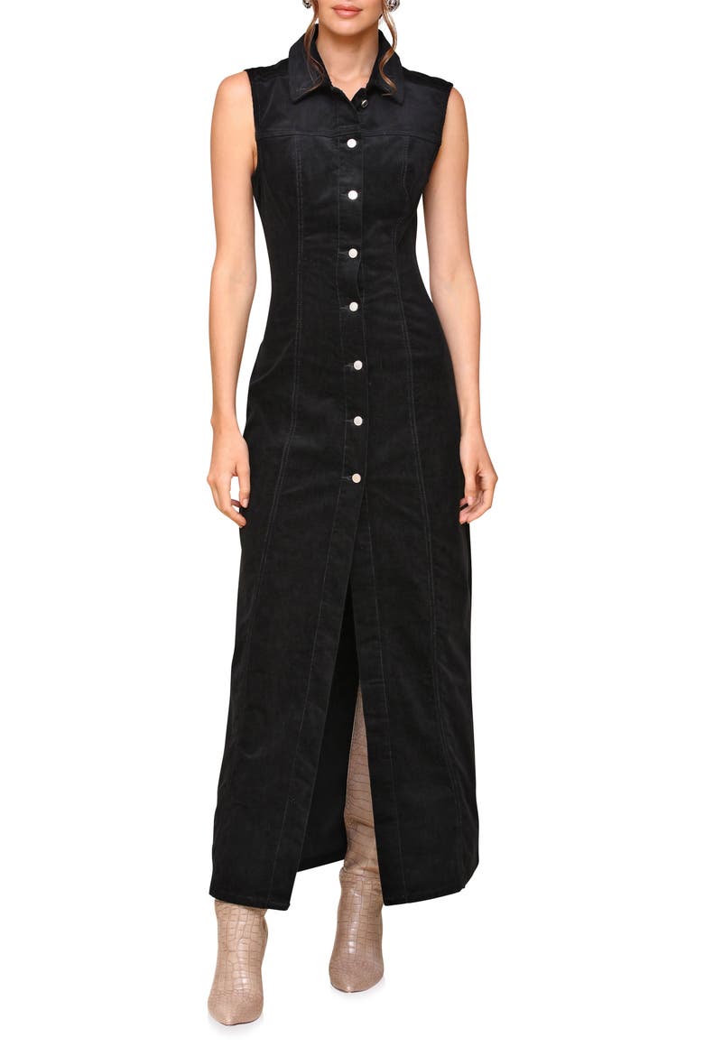 Sleeveless Corduroy Maxi Shirtdress, Main, color, BLACK