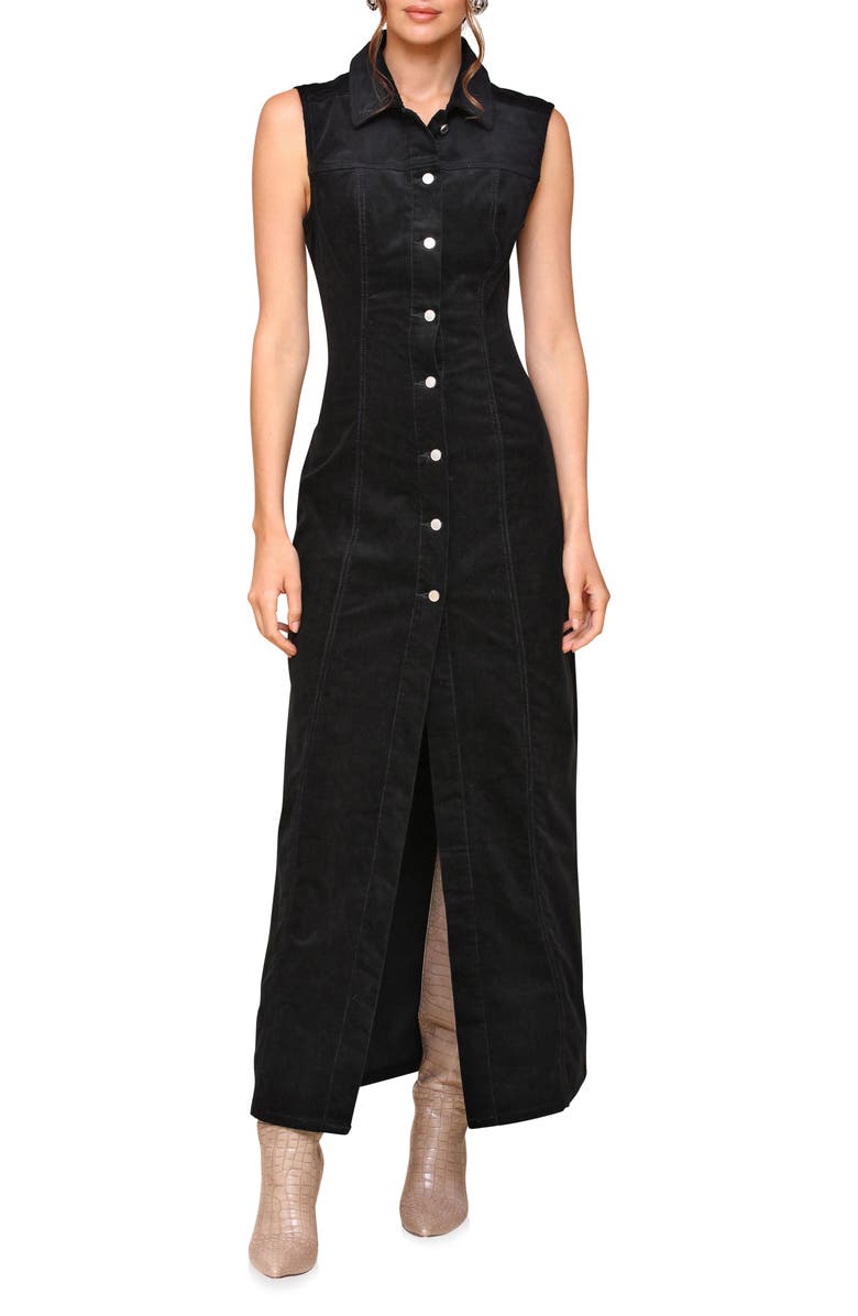 Avec Les Filles Sleeveless Corduroy Maxi Shirtdress, Main, color, Black