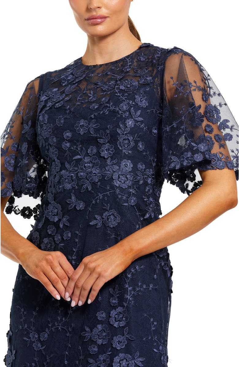 Mac Duggal Flutter Sleeve Floral Emboridered Net Gown, Alternate, color, Midnight