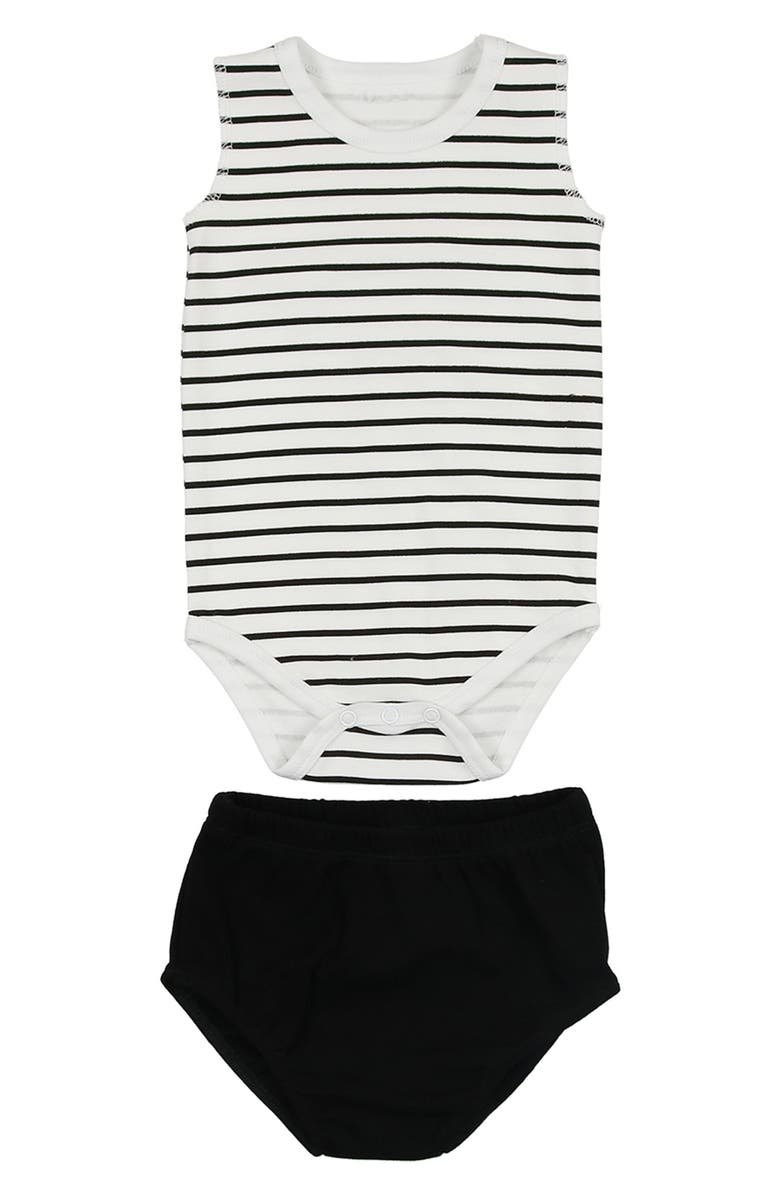 Manière Stripe Bodysuit & Bloomers Set, Main, color, Black/ White