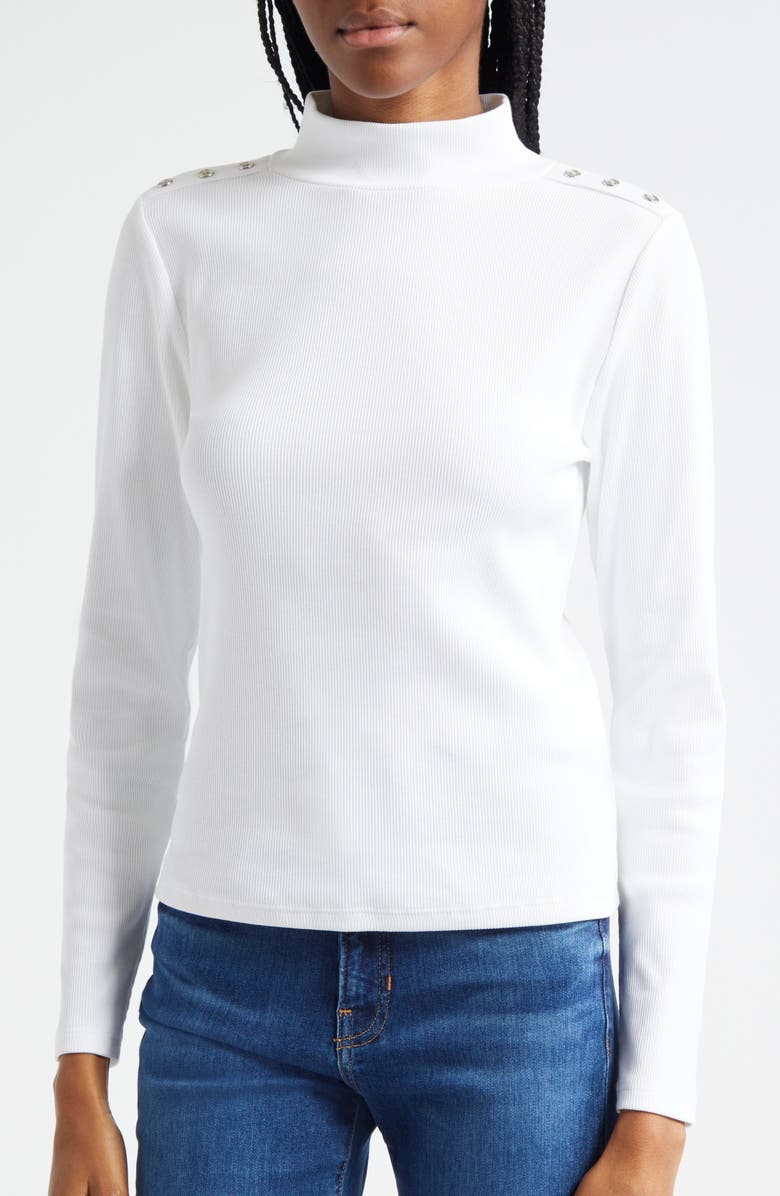 Veronica Beard Nate Shoulder Button Mock Neck Rib Top, Alternate, color,