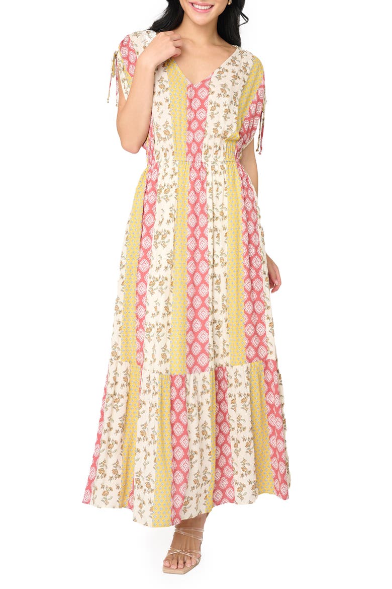 Print Cinch Sleeve Maxi Dress, Main, color, SUNSET MIXED PRINT