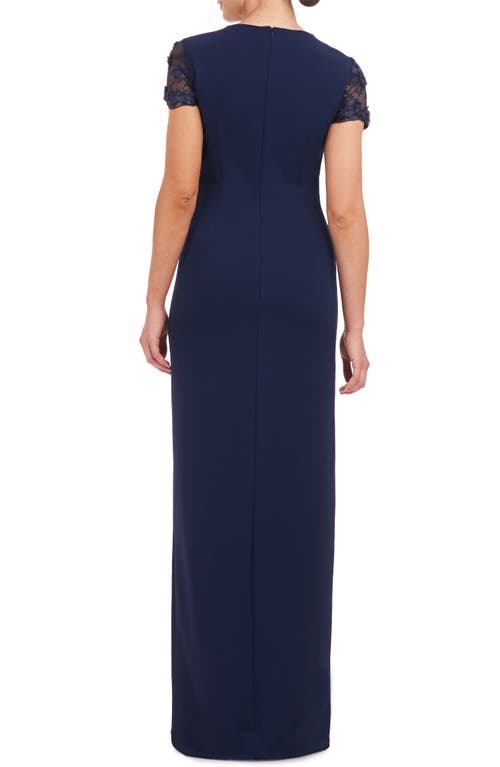 Js Collections Laney Rosette Embroidered Mesh Yoke Sheath Gown In Blue