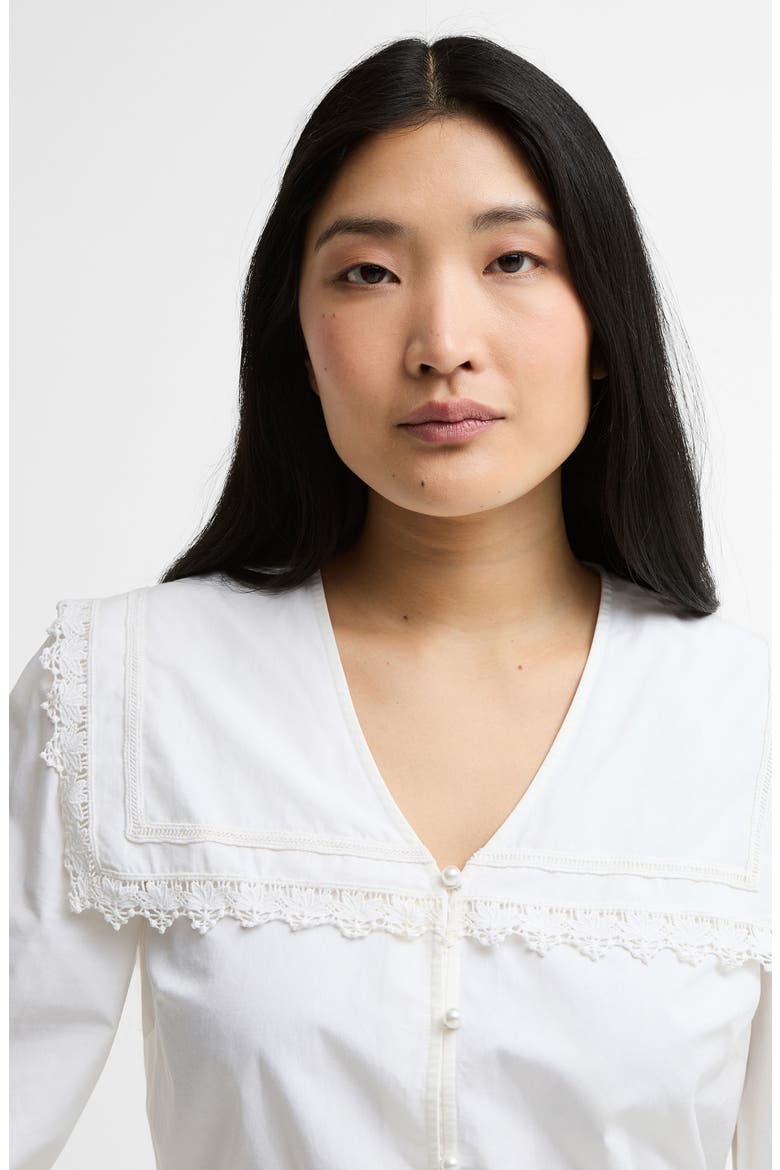 Tisbury Lace Trim Sailor Collar Bell Sleeve Cotton Top, Alternate, color, WHITE
