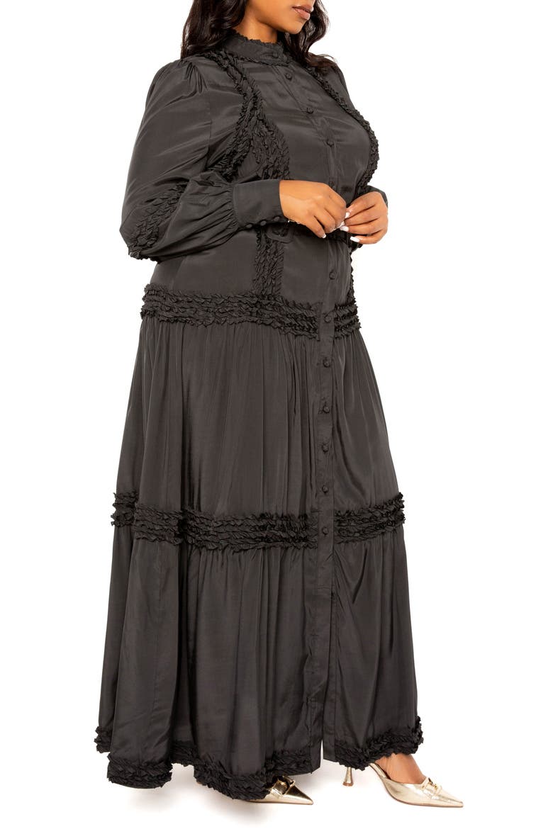 Ruffled Belted Long Sleeve Maxi Dress, Alternate, color, BLACK