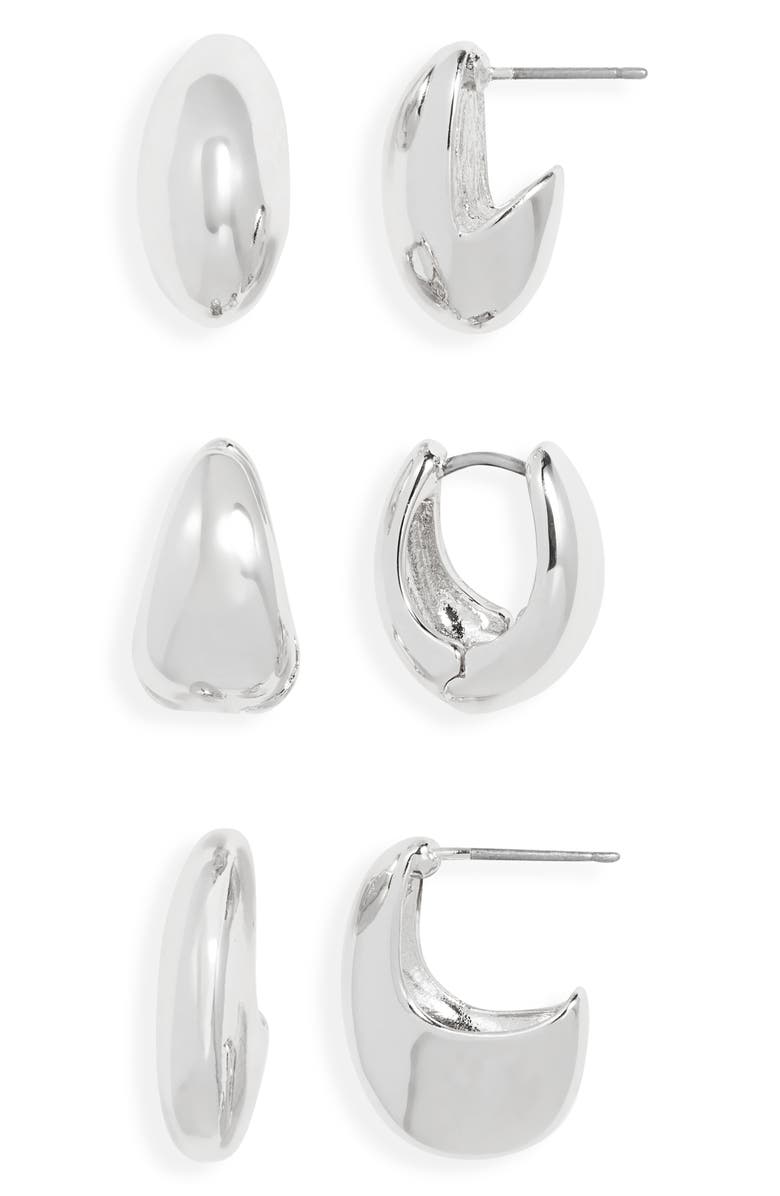 Open Edit Set of 3 Puffy Huggie Earrings, Main, color, Silver