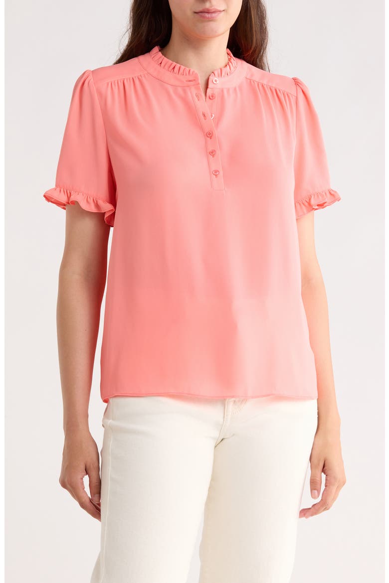 Ruffle Neck Short Sleeve Top, Main, color, CORAL