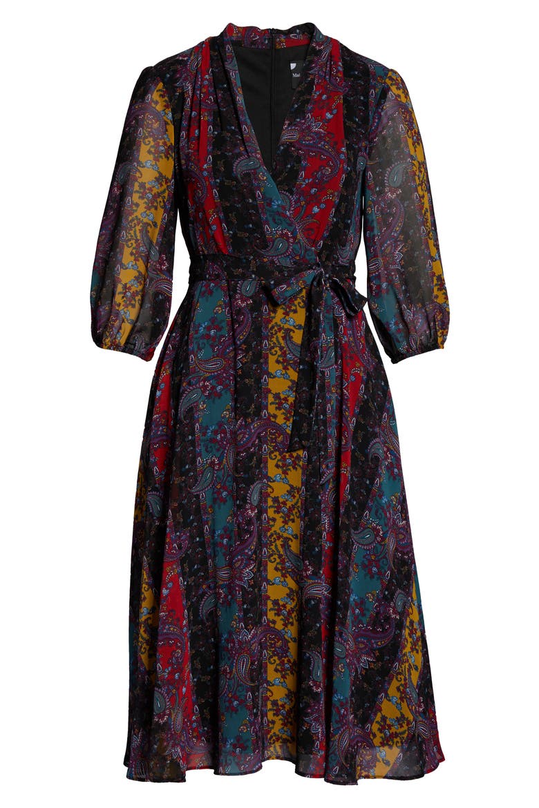 Stripe Paisley Chiffon Faux Wrap Dress, Alternate, color, RED/ BLACK/ TEAL