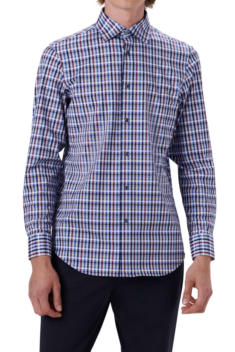 OoohCotton® Tattersall Check Stretch Cotton Button-Up Shirt, Main, color, CLASSIC BLUE