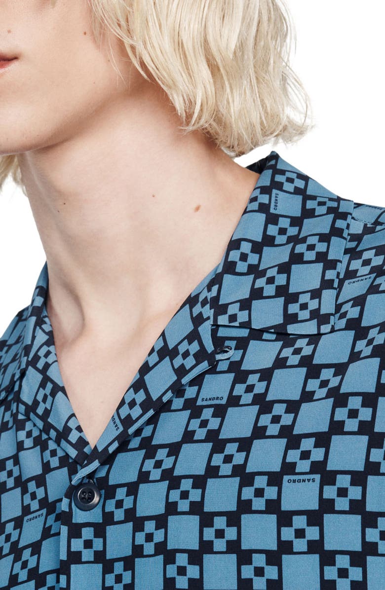 SANDRO Cross Geo Print Short Sleeve Button-Up Camp Shirt, Alternate, color, 