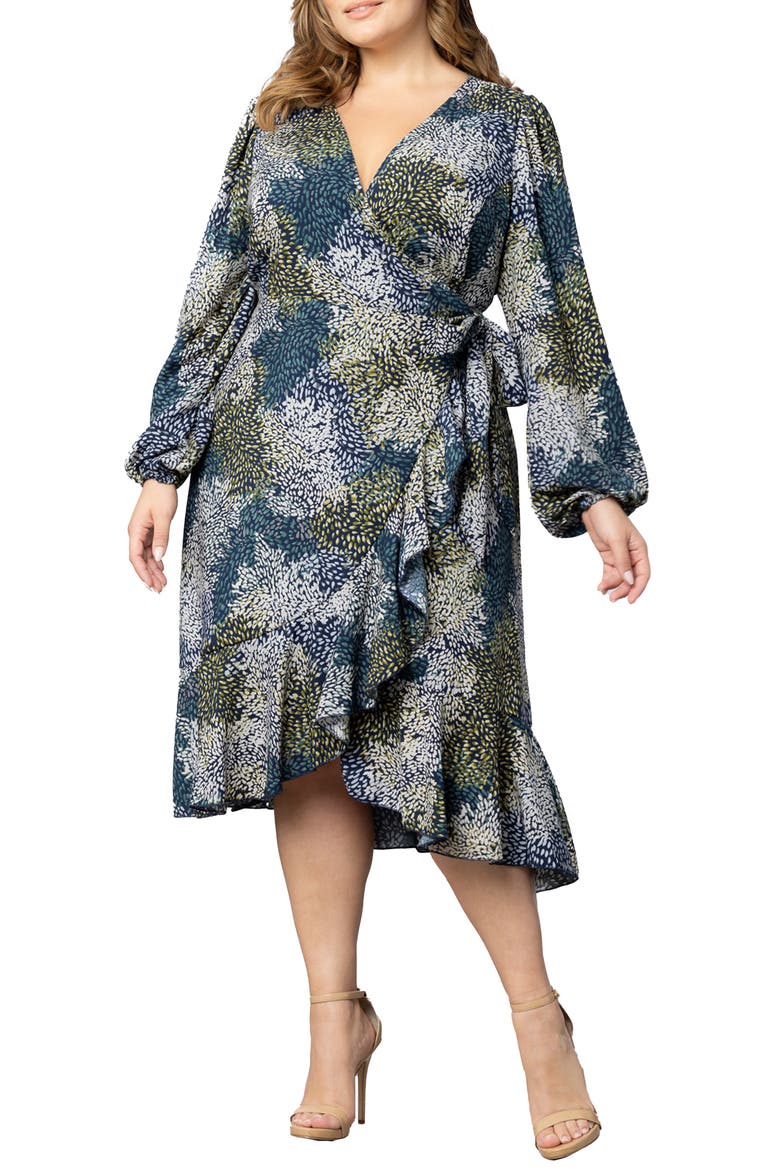 Julia Long Sleeve Midi Wrap Dress, Main, color, BLUE IMPRESSIONIST PRINT