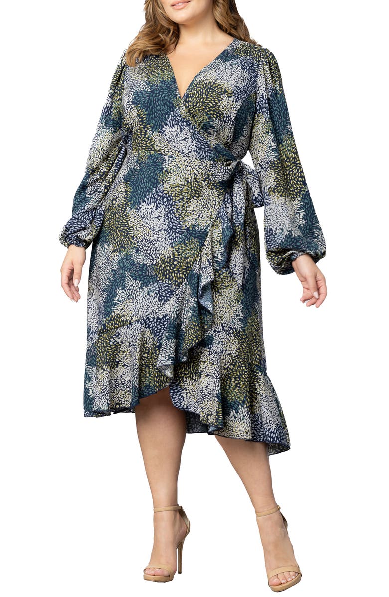Kiyonna Julia Long Sleeve Midi Wrap Dress, Main, color, Blue Impressionist Print