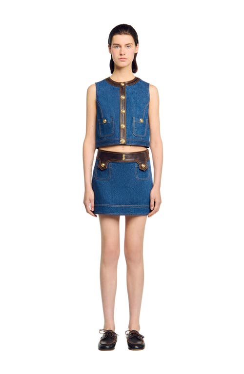 Sandro Womens Dark Blue Leather-trim Button-down Denim Top In Blue