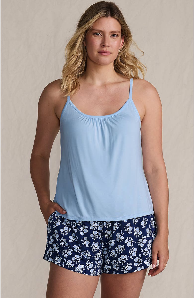 Lands' End Cooling 3 Piece Pajama Set - Long Sleeve Top Cami and Shorts, Main, color, Deep Sea Navy Blooms