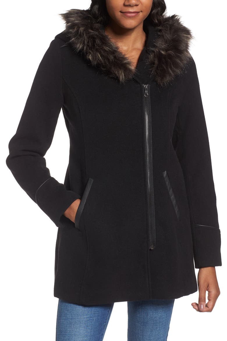 Asymmetrical Zip Jacket with Faux Fur Collar, Alternate, color, BLACK