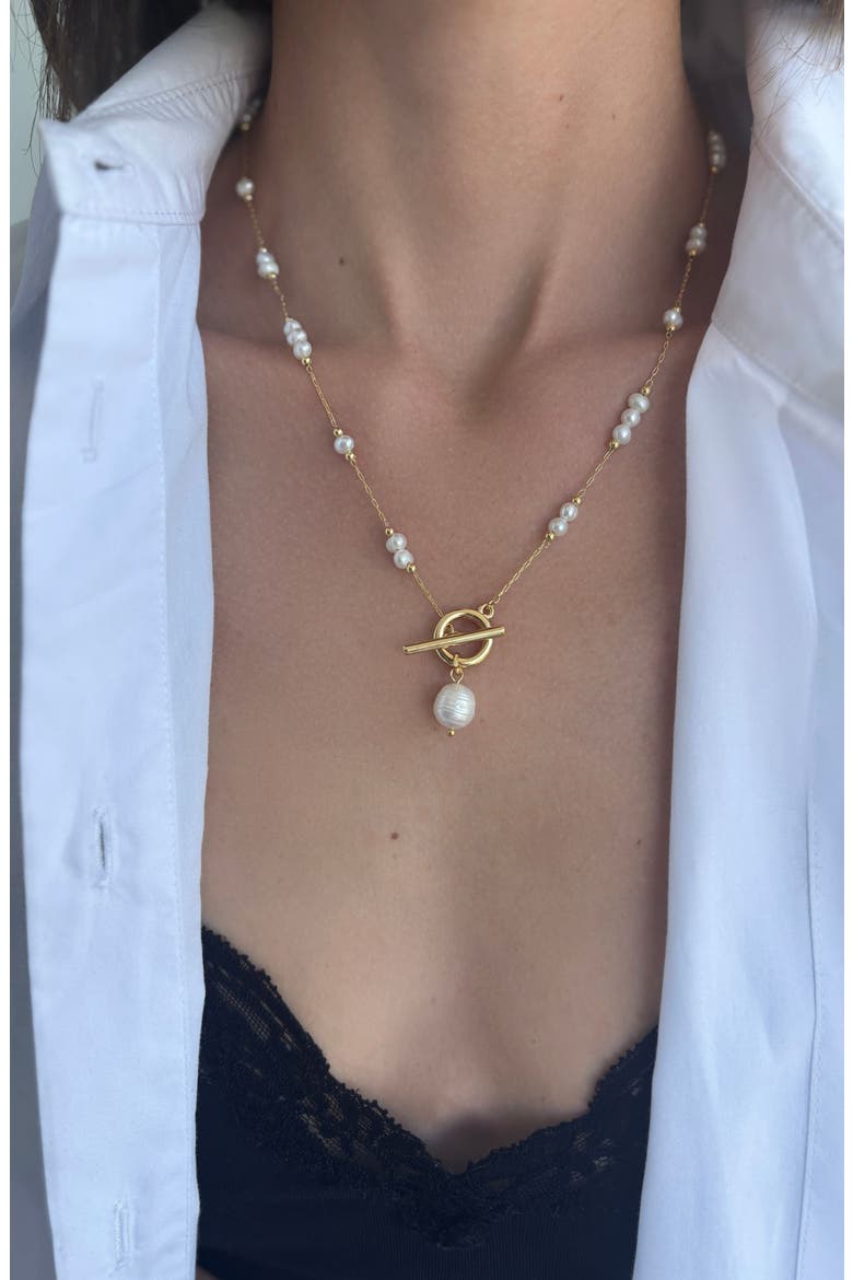 18k Gold Plate & Imitation Pearl Toggle Necklace, Alternate, color, WHITE/ GOLD