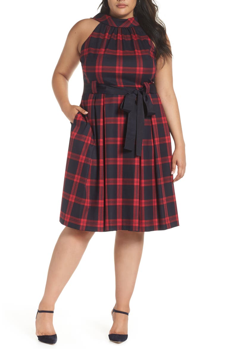 Jacquard Fit & Flare Dress, Alternate, color, RED- NAVY PLAID