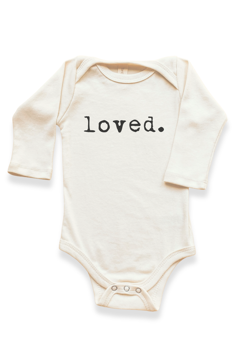 Tenth & Pine Loved Organic Baby Bodysuit Long Sleeve, Main, color, Natural Black Lettering
