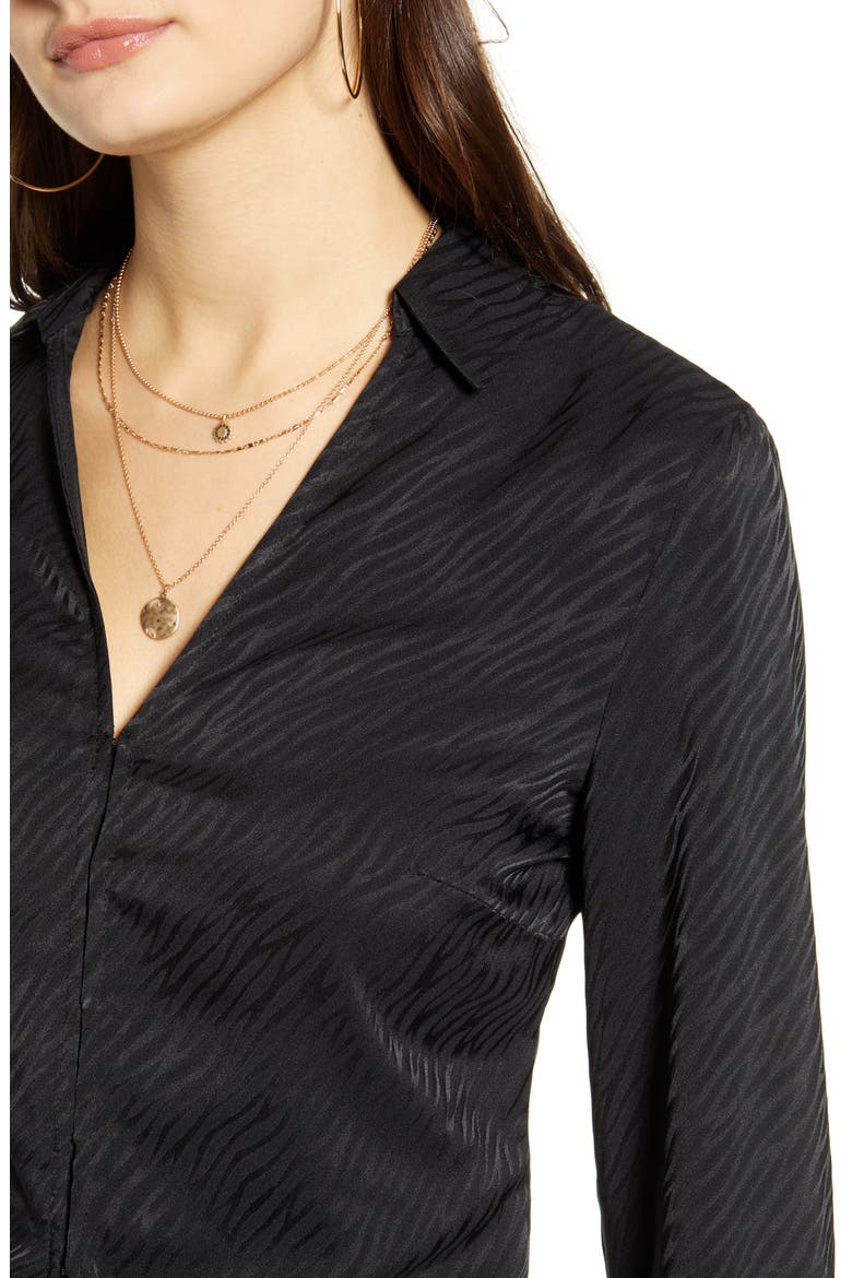 Tie Front Zebra Jacquard Satin Top, Alternate, color, BLACK