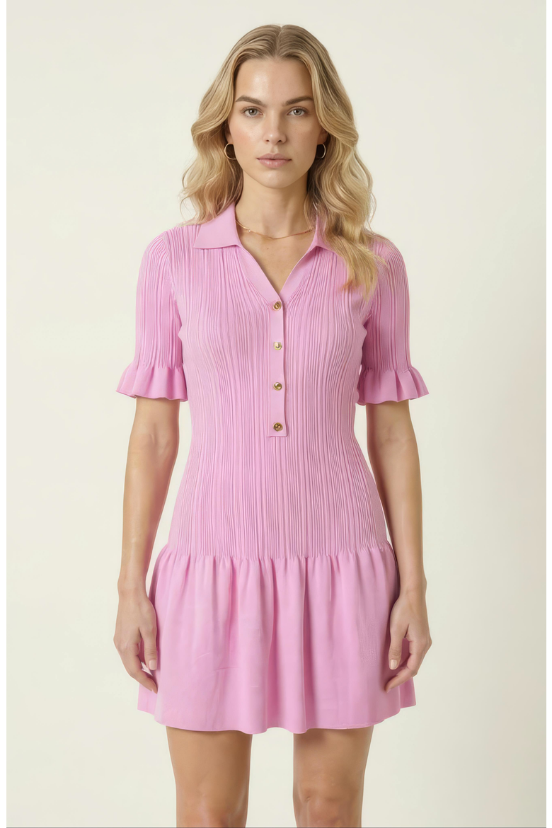 Pleated Mini Dress with Ruffle Hem and Button Front, Alternate, color, Pastel Pink