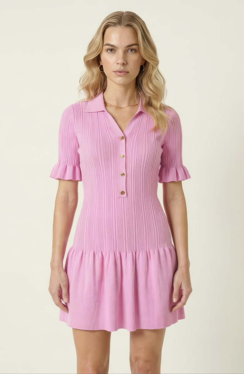 Modenaire Pleated Mini Dress with Ruffle Hem and Button Front, Alternate, color, Pastel Pink