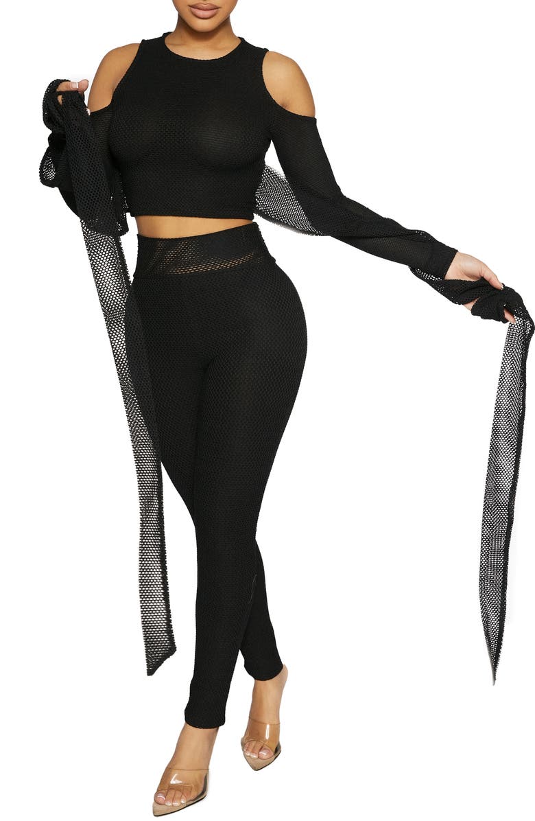 Naked Wardrobe Cold Shoulder Mesh Top, Alternate, color, Black