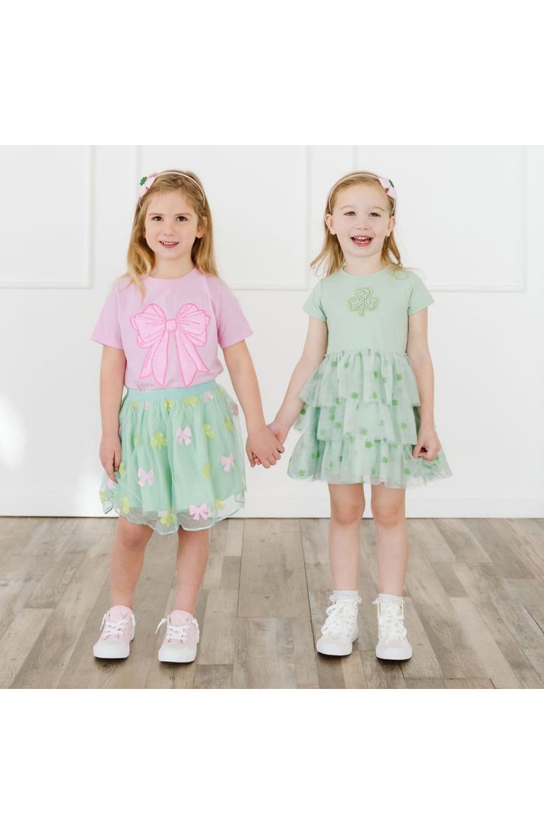 Sweet Wink Flocked Shamrock St. Patrick
s Day Tiered Short Sleeve Tutu Dress, Alternate, color, Mint Green